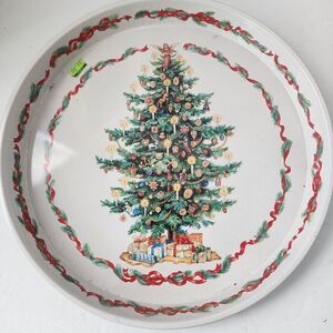 SCC Christmas Tree Tin Serving Tray Holiday Round Green White Multicolor Vtg